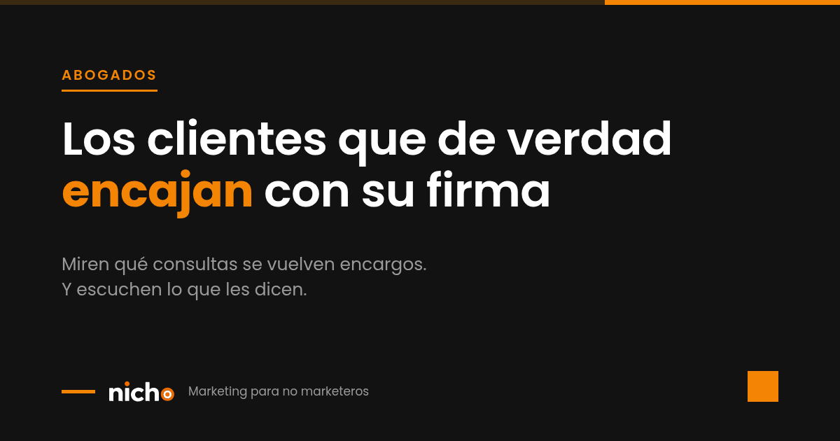 Portada tipográfica: Los clientes que de verdad encajan con su firma. Nicho Marketing, categoría Abogados.