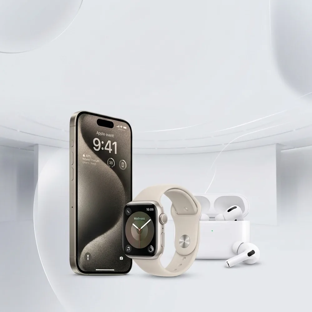 iPhone, Apple Watch y AirPods sobre fondo claro